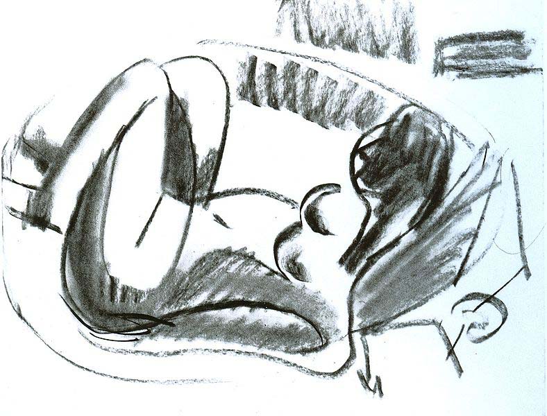 Reclining nude in a bathtub with pulled on legs - black chalk